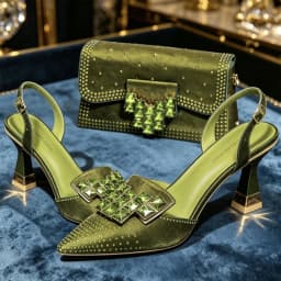 Elegant Women Rhinestone Pointed Toe Slingback Low Heel Party Wedding Shoes and Chain Bag Set Luxury Evening