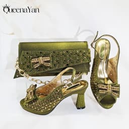 Elegant Women's Peep-Toe Heels and Matching Olive Color Diamond Pumps Set Stylish Italian Shoes and Bags for Parties