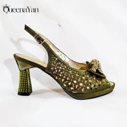 Elegant Women's Peep-Toe Heels and Matching Olive Color Diamond Pumps Set Stylish Italian Shoes and Bags for Parties