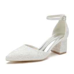 Block Heel Lace Wedding Shoes for Bride Bridal Heels Pointed Toe Ankle Buckle Strap Evening Formal Party Dressy Pumps