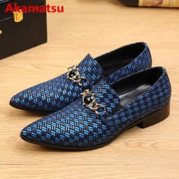 Brand braided leather shoes men formal blue loafers italian mens pointed toe dress shoes casual flats velvet slippers Oxfords
