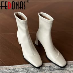 FEDONAS New Women Genuine Leather High Heels Ankle Boots Zipper Short Socks Boots Female Autumn Elegant Office Boots Boots