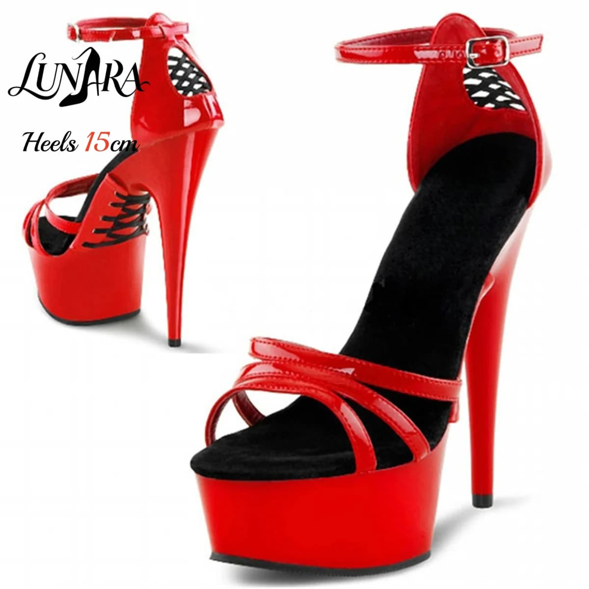 15cm Red Patent PU High Heel Sandals Crisscross Cutout Open Toe Ankle Strap Buckle Non-slip Sexy Stage Performance Nightclub