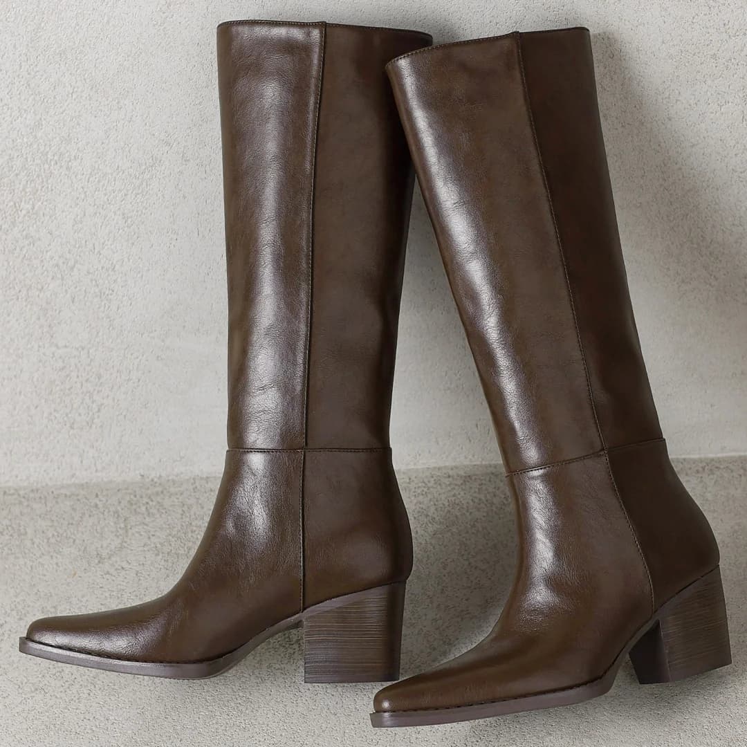 Women's genuine leather pointed toe slip-on autumn knee high boots 6cm thick high heel elegant ladies dress slim long boots shoe