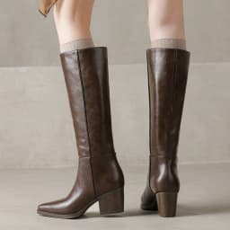Women's genuine leather pointed toe slip-on autumn knee high boots 6cm thick high heel elegant ladies dress slim long boots shoe