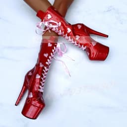 Sparkles Glittery Heart Cutouts Mid Calf Boots Women Platform Pink Ribbon Shoelaces High Heels Boots Sexy Dance Shoes
