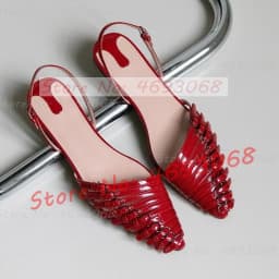 Red Multi Buckle Straps Flat Sandals Women Stylish Back Strap Pointy Toe Comfy Shoes Trendy Belt Buckles Metallic Leather Sandal