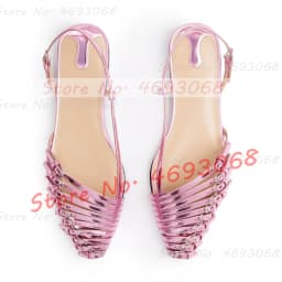 Red Multi Buckle Straps Flat Sandals Women Stylish Back Strap Pointy Toe Comfy Shoes Trendy Belt Buckles Metallic Leather Sandal