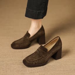 2026 spring summer women pumps natural leather 22-25cm kid suede+cowhide+pigskin round toe thick high heel loafers women shoes