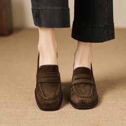 2026 spring summer women pumps natural leather 22-25cm kid suede+cowhide+pigskin round toe thick high heel loafers women shoes