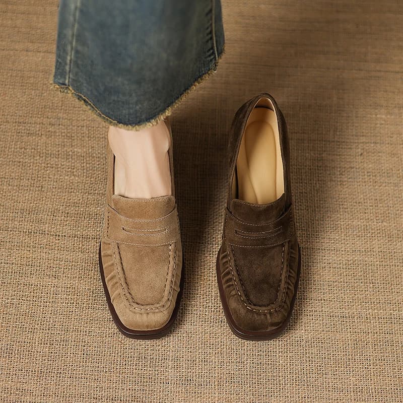 2026 spring summer women pumps natural leather 22-25cm kid suede+cowhide+pigskin round toe thick high heel loafers women shoes