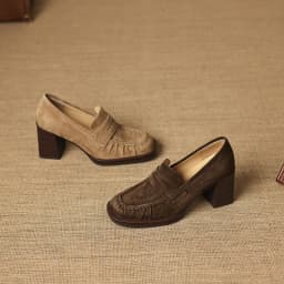 2026 spring summer women pumps natural leather 22-25cm kid suede+cowhide+pigskin round toe thick high heel loafers women shoes