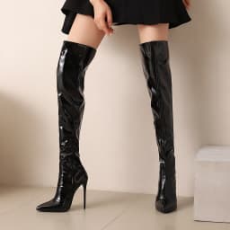 Women Patent Leather Over The Knee Boots, Pointed Toe Stiletto Heel, Side Zipper Sexy Thigh High Party Ladies Black Long Boots