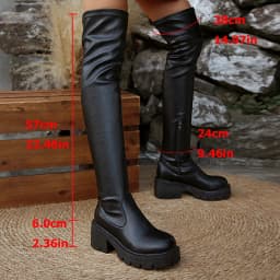 Black Pu Leather Thigh High Boots Women 2026 Autumn Chunky Platform Over The Knee Boots Woman Thick Heel Stretchy Long Booties