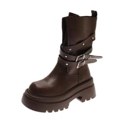 Lined Warm Women Platform Mid Calf Boots Multi Buckle Strap Faux Leather Shoes Casual Autumn Thick Sole Motorcycle Boots