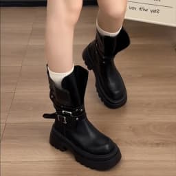 Lined Warm Women Platform Mid Calf Boots Multi Buckle Strap Faux Leather Shoes Casual Autumn Thick Sole Motorcycle Boots