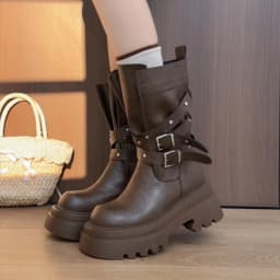 Lined Warm Women Platform Mid Calf Boots Multi Buckle Strap Faux Leather Shoes Casual Autumn Thick Sole Motorcycle Boots
