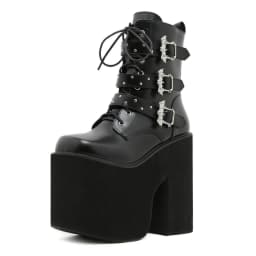 Gdgydh Lace up Chunky Heel Mid Calf Booties for Women Block High Heel Platform Combat Boots Gothic Metal Bat Gothic Shoes