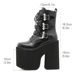 Gdgydh Lace up Chunky Heel Mid Calf Booties for Women Block High Heel Platform Combat Boots Gothic Metal Bat Gothic Shoes