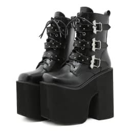 Gdgydh Lace up Chunky Heel Mid Calf Booties for Women Block High Heel Platform Combat Boots Gothic Metal Bat Gothic Shoes