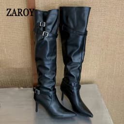 ZAROY Women High Boots Black Leather Pointed Toe Thin High Heels Cozy Knee-High Boots Punk Buckle Strap Pleated Knight Booties