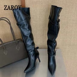 ZAROY Women High Boots Black Leather Pointed Toe Thin High Heels Cozy Knee-High Boots Punk Buckle Strap Pleated Knight Booties