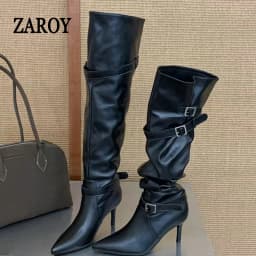 ZAROY Women High Boots Black Leather Pointed Toe Thin High Heels Cozy Knee-High Boots Punk Buckle Strap Pleated Knight Booties