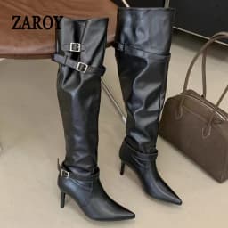 ZAROY Women High Boots Black Leather Pointed Toe Thin High Heels Cozy Knee-High Boots Punk Buckle Strap Pleated Knight Booties
