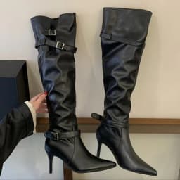 ZAROY Women High Boots Black Leather Pointed Toe Thin High Heels Cozy Knee-High Boots Punk Buckle Strap Pleated Knight Booties