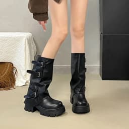 Women Platform Chunky Heel Mid Calf Boots Buckle Strap Pleated Faux Leather Shoes Casual Autumn Thick Sole Motorcycle Boots