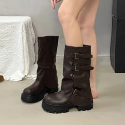 Women Platform Chunky Heel Mid Calf Boots Buckle Strap Pleated Faux Leather Shoes Casual Autumn Thick Sole Motorcycle Boots
