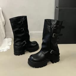 Women Platform Chunky Heel Mid Calf Boots Buckle Strap Pleated Faux Leather Shoes Casual Autumn Thick Sole Motorcycle Boots