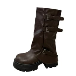 Women Platform Chunky Heel Mid Calf Boots Buckle Strap Pleated Faux Leather Shoes Casual Autumn Thick Sole Motorcycle Boots