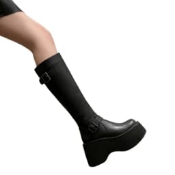 2024 Women's Shoes Basic Women's Boots Classics Knee-High Boots Women Belt Buckle Side Zip Round Toe Wedge Platform Shoes Ladies