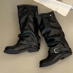 Eilyken Winter Vintage Punk Pleated Round Toe Knee High Boots Women Designer Buckle Strap Square Heels Shoes Botas Zapatos Mujer