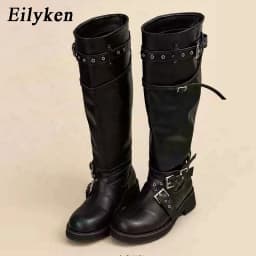 Eilyken Street Design Multi Belt Metal Buckle Knee-High Boots Women Low Heels Shoes Fashion Hot Girl Motorcycle Knight Booties