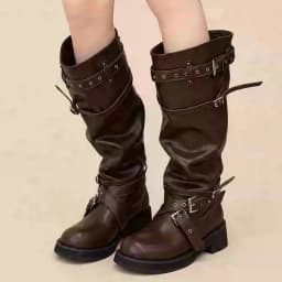 Eilyken Street Design Multi Belt Metal Buckle Knee-High Boots Women Low Heels Shoes Fashion Hot Girl Motorcycle Knight Booties