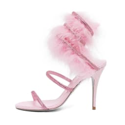 Pink fur ankle warp crystal high heels sandals black summer new in glitter snake luxury designer women's party wedding shoes