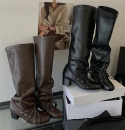 Brand Designer Boots for Women Soft Leather Pleated Long Knee-High Boots Block Heel Lace Up Lady Knight Shoes Botines De Mujer