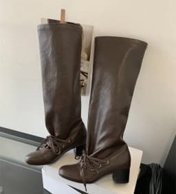 Brand Designer Boots for Women Soft Leather Pleated Long Knee-High Boots Block Heel Lace Up Lady Knight Shoes Botines De Mujer