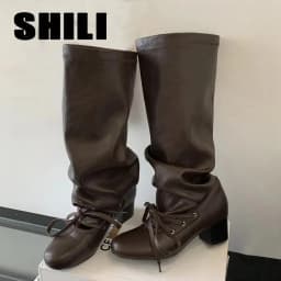 Brand Designer Boots for Women Soft Leather Pleated Long Knee-High Boots Block Heel Lace Up Lady Knight Shoes Botines De Mujer