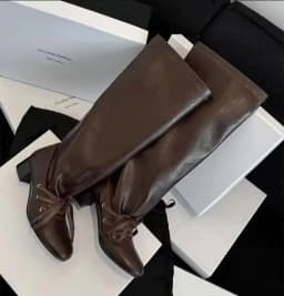 Brand Designer Boots for Women Soft Leather Pleated Long Knee-High Boots Block Heel Lace Up Lady Knight Shoes Botines De Mujer