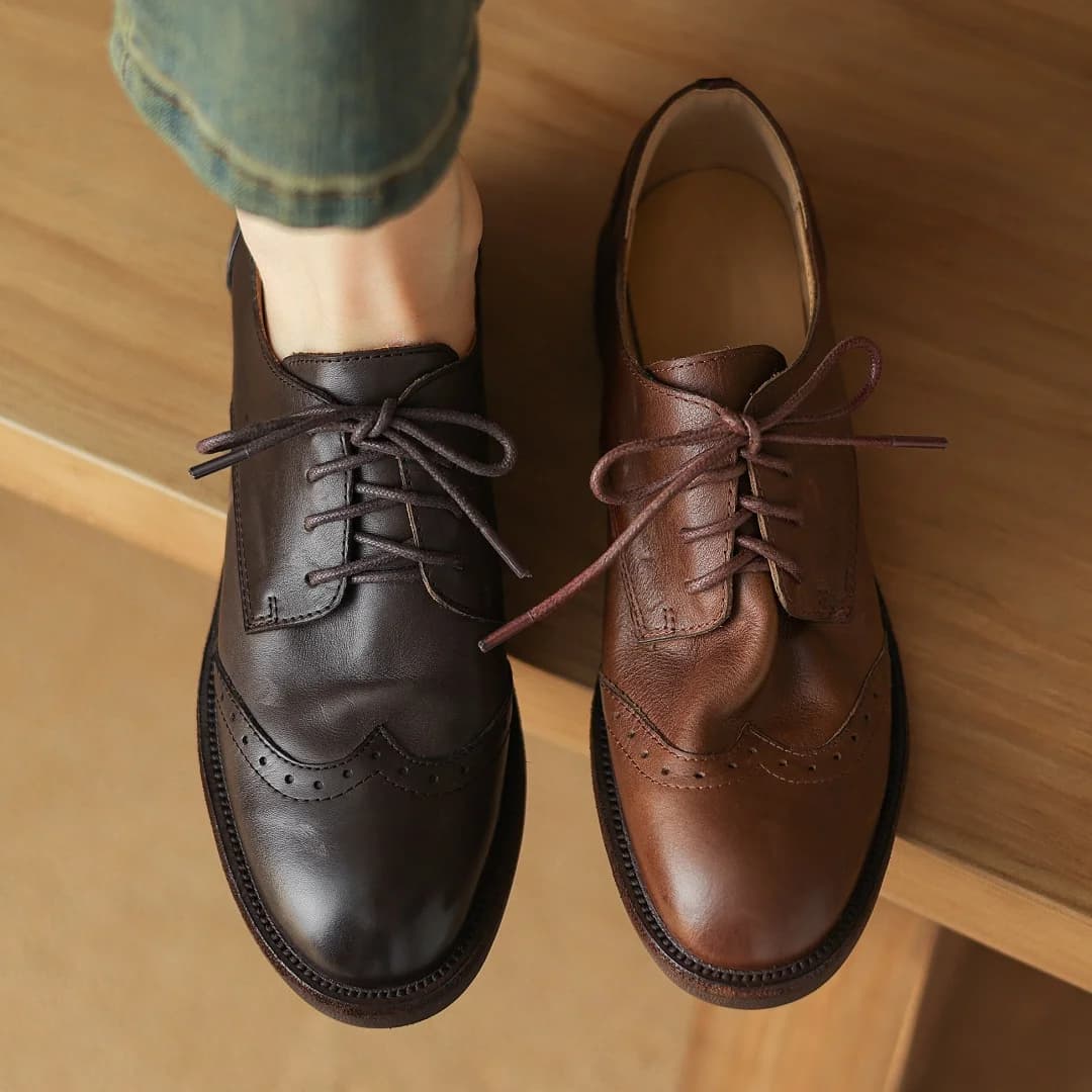 Women's cow leather lace-up flats oxfords carving British style casual female retro high quality soft comfortable daily shoes