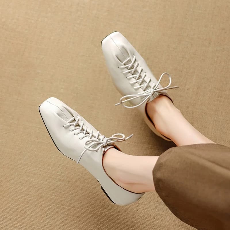 NEW Spring/Autumn Women Pumps Genuine Leather Shoes for Women Square Toe Low Heel Shoes Concise Women Loafers Lace-up Daily Shoe