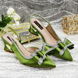 Med Heel Shoes for Women Hollowed Out Embroidery Rhinestone Italian Design Olive-green Color Pointed-Toe Shoes and Bags Set