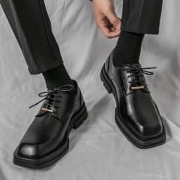 New Men Square Toe Patent Black White Leather Loafers Male Platform Dress Shoes Vintage Chunky Heel Party Shoes Men Formal Shoes