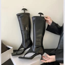 Aneikeh 2027 Spring Autumn Open Toe Clip-On Knee High Boots Sandals Women Modern Booties Low Heels Side Zipper Party Pumps Shoes