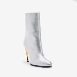 Arden Furtado Silver Plus Size Genuine Leather Short Boots with Metal Alien Heel Pointed Toe Side Zipper Stilettos Heels Modern