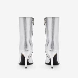 Arden Furtado Silver Plus Size Genuine Leather Short Boots with Metal Alien Heel Pointed Toe Side Zipper Stilettos Heels Modern