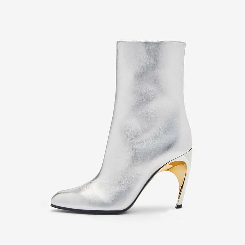 Arden Furtado Silver Plus Size Genuine Leather Short Boots with Metal Alien Heel Pointed Toe Side Zipper Stilettos Heels Modern